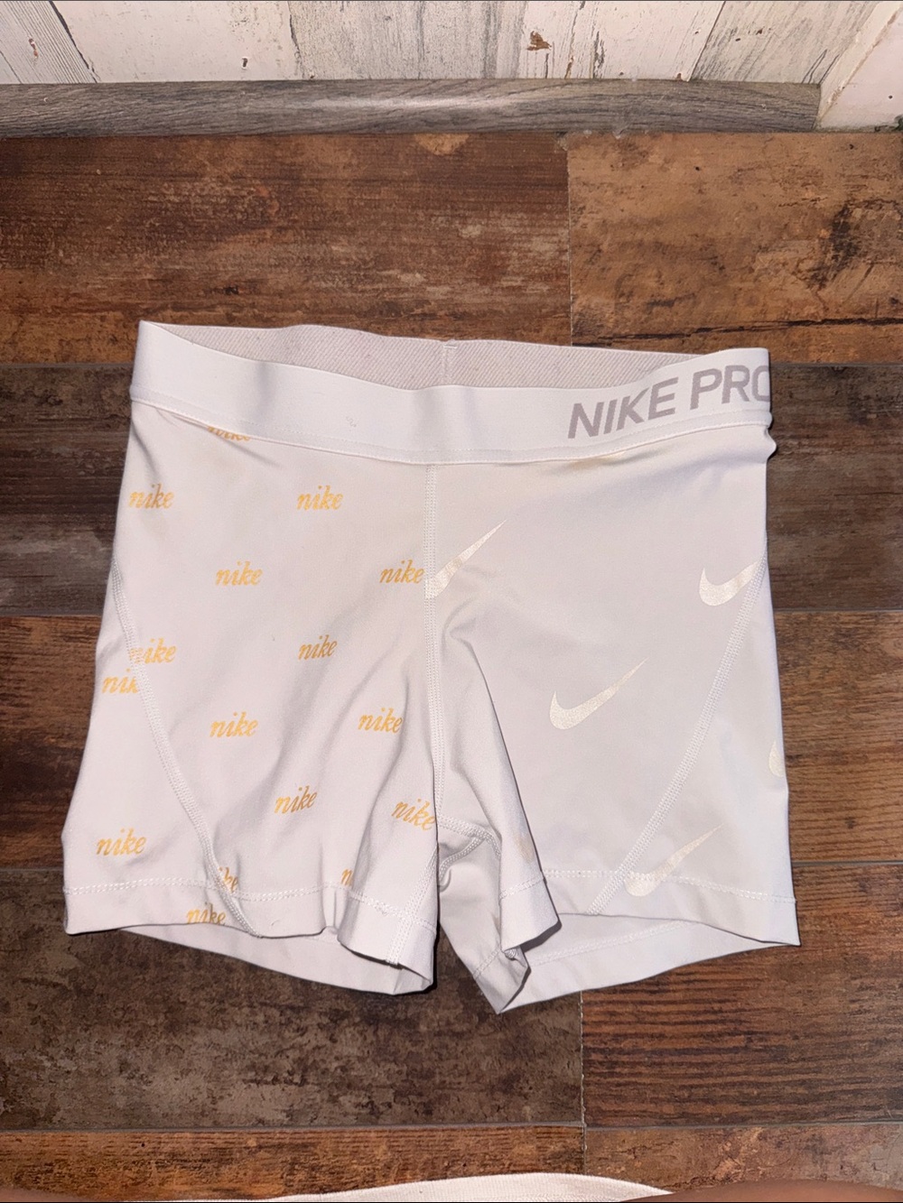 Nike Pro White and Light Yellow Women's Shorts M